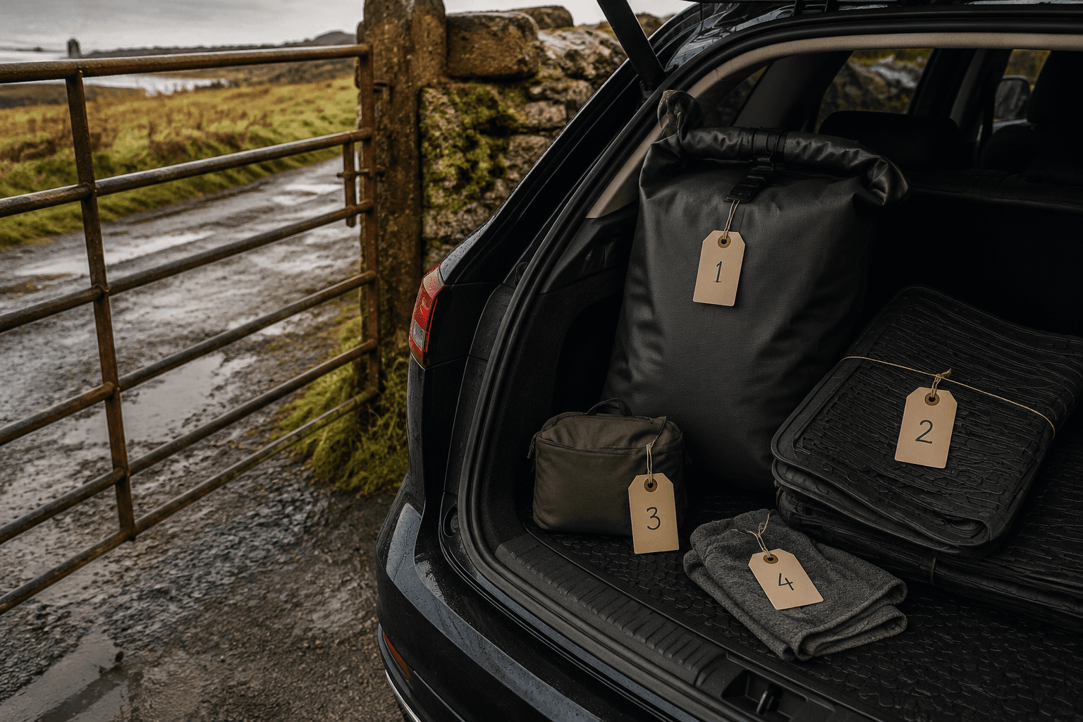 Open car boot beside a rusted iron field gate on a wet stone lane, loaded with tagged outdoor storage packs